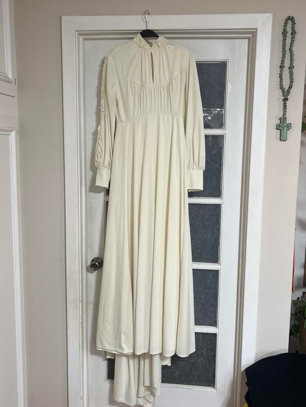 1970’s Vintage Polyester Ivory Long Sleeve Wedding Maxi Dress with High Neck